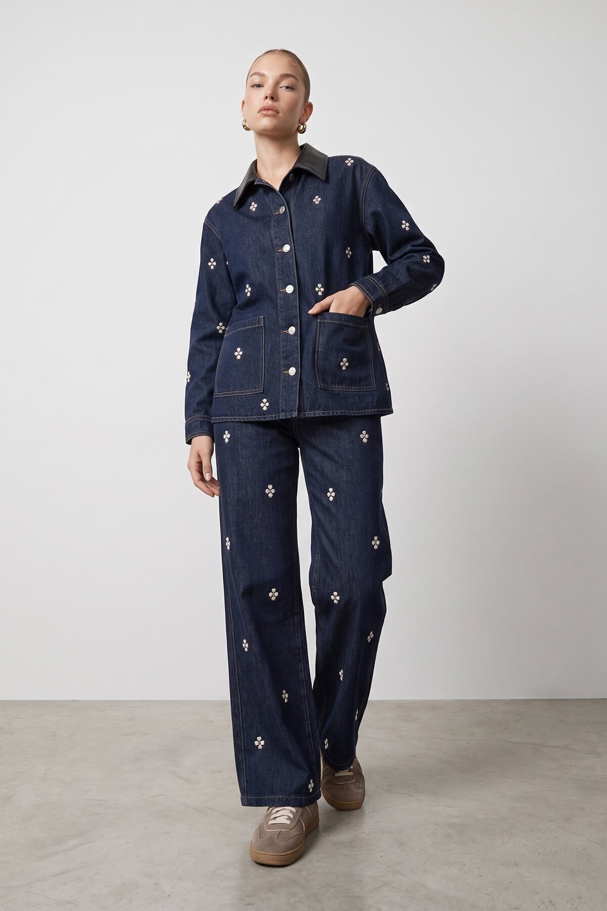 Taşlı Denim Ceket Pantolon Takım
