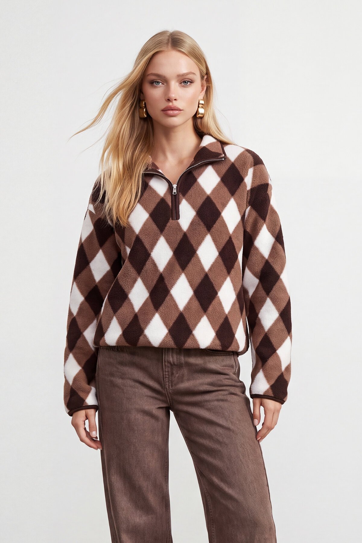 Yarım Fermuarlı Baklava Desenli Sweatshirt