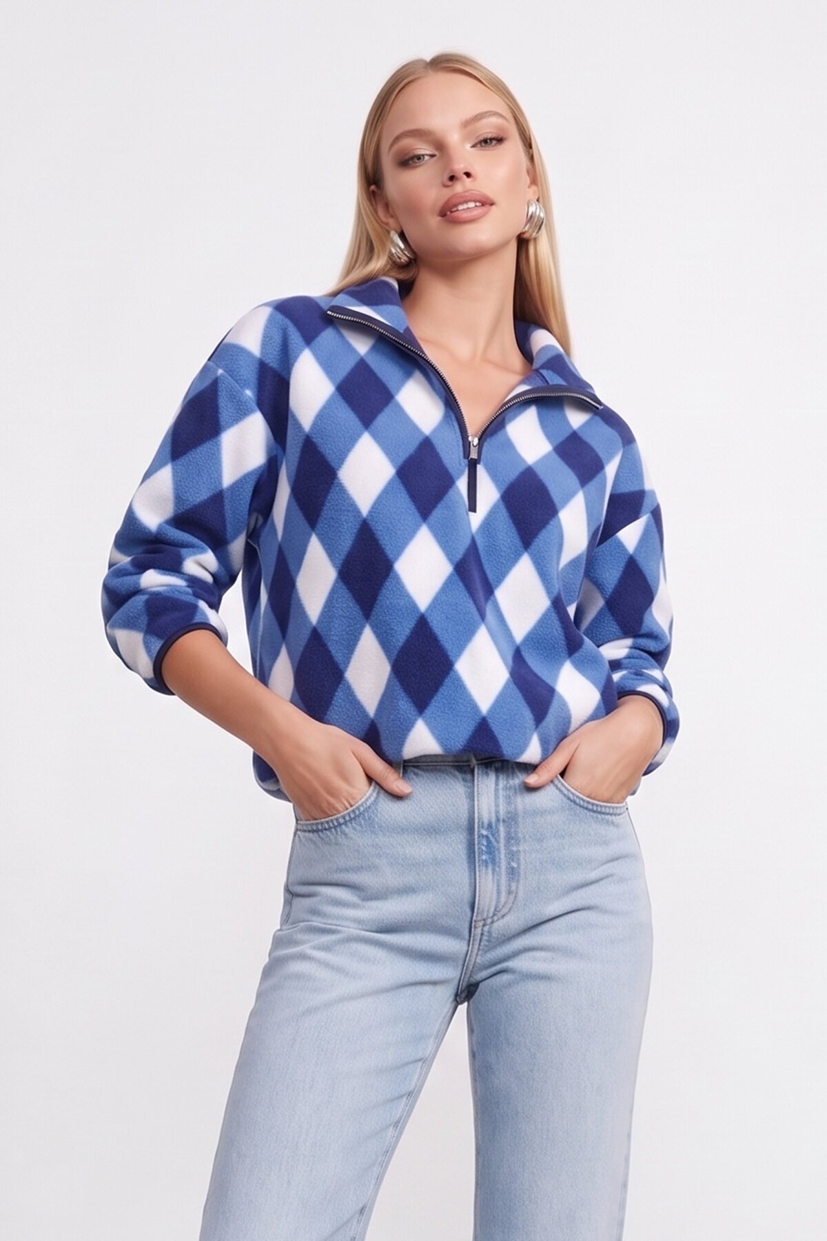 Yarım Fermuarlı Baklava Desenli Sweatshirt