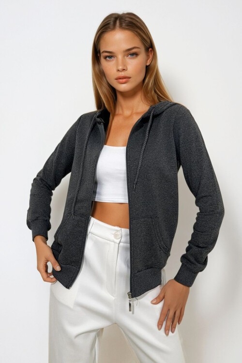 Antrasit Kapüşonlu Çift Cepli Fermuarlı Oversize Sweatshirt
