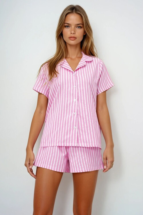Pembe Yazlık Pamuk Örme Gömlek Ve Şort Pijama Takım