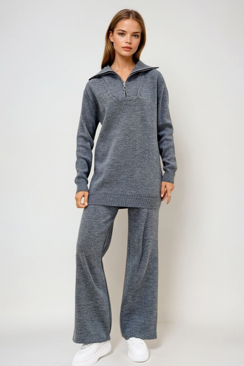 Antrasit Denizci Yaka Çoban Dikişli Triko Kazak Ve Beli Lastikli Yüksek Bel Pantolon İkili Takım