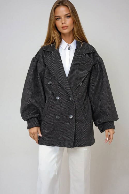 Antrasit Kruvaze Yaka Balon Kol Kaşe Kaban