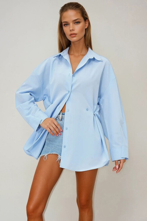 Bebe Mavi Dikiş Detaylı Yanları Daraltmalı Poplin Gömlek