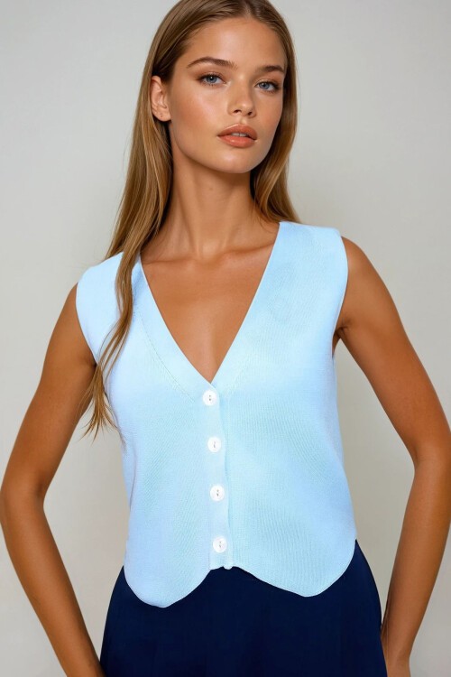 Bebe Mavi V Yaka Düğmeli Yazlık Triko Yelek