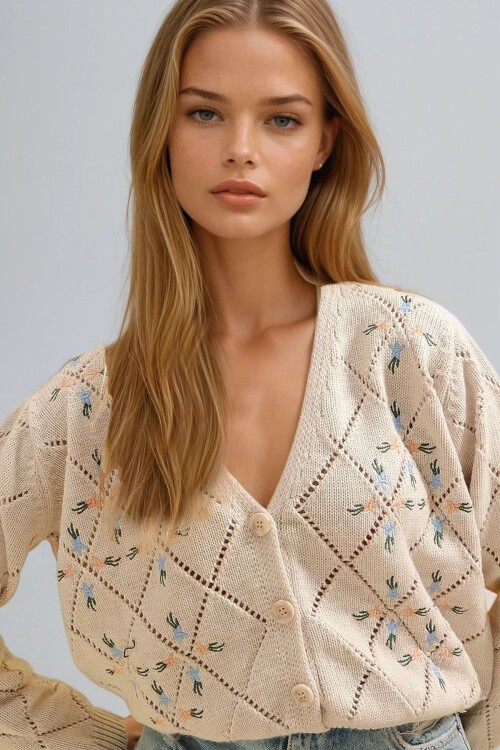 Bej Baklava Desenli Çiçek Nakışlı Triko Hırka