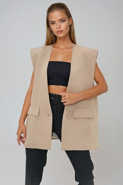 Bej Çift Yırtmaçlı Tek Düğme Oversize Dokuma Çoban Yelek