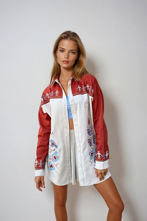 Bej Nakışlı Renk Bloklu Oversize Gabardin Ceket