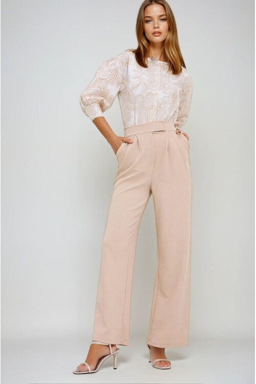 Bej Yüksek Bel Çift Cepli Pileli Cırt Kapamalı Palazzo Pantolon