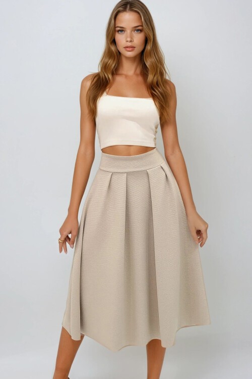 Bej Yüksek Bel Geniş Kemerli Gizli Fermuarlı Midi Boy Dokulu Etek