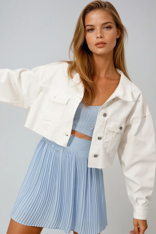 Beyaz Çift Cepli Önü Düğmeli Lazer Kesim Crop Jean Ceket