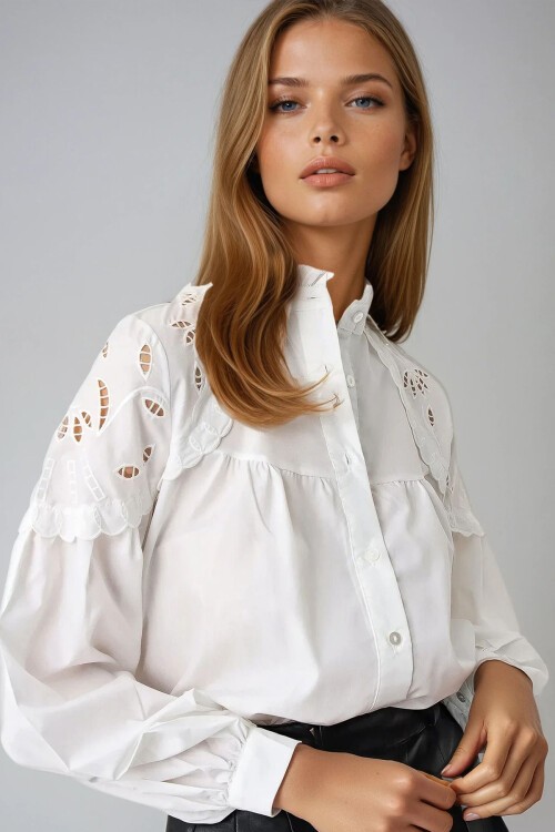 Beyaz Hakim Yaka Güpür Detaylı Premıum Gömlek