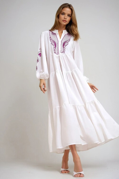 Beyaz Hakim Yaka Sim Nakışlı Maxi Boy Dokuma Elbise