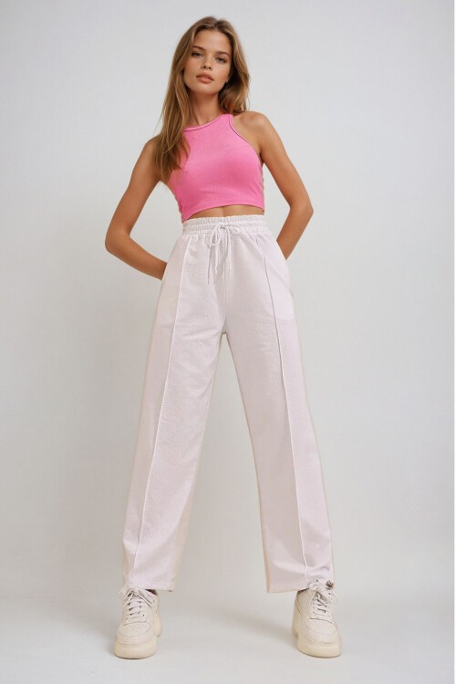 Beyaz Yüksek Bel Önü Çimalı Bol Paça Çift Cepli Eşofman Altı