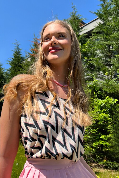 Pudra Bisiklet Yaka Arkası İp Detaylı Çift Katlı Askılı Bluz