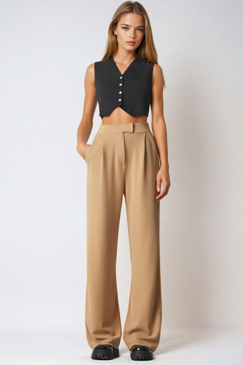 Bisküvi Likralı Cırt Kapamalı Çift Cepli Palazzo Pantalon