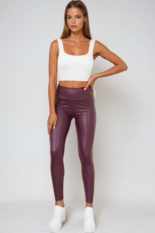 Bordo Beli Lastikli İçi Şardonlu Likralı Suni Deri Tayt