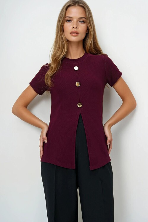 Bordo Bisiklet Yaka Gold Düğme Detaylı Yırtmaçlı Ottoban Bluz