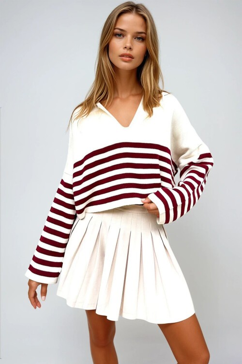 Bordo Polo Yaka Çizgili Crop Kazak