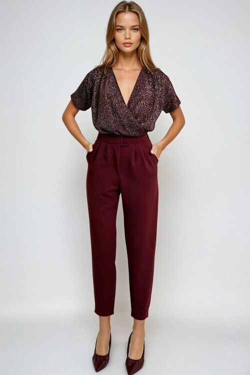 Bordo Yüksek Bel Havuç Pantolon