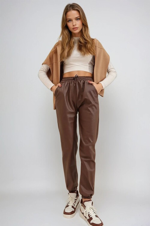 Çikolata Çift Cepli Bel Ve Bilek Lastikli İçi Şardonlu Casual Suni Deri Pantolon