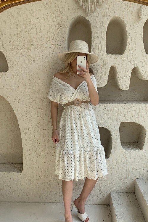 Ekru Kruvaze Yaka Beli Lastikli Hasır Kemerli Fisto Elbise