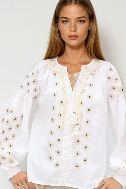 Ekru Püskül Detaylı Nakış İşlemeli Pamuk Bluz