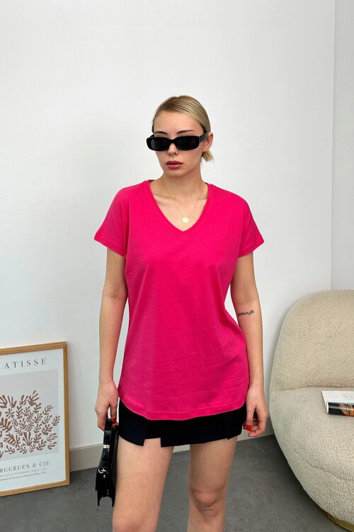 Fuşya V Yaka Basic T Shirt