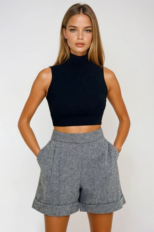 Gri Duble Paça Çift Cepli Kışlık Kaşe Şort