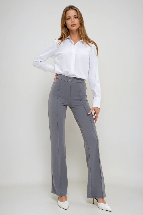 Gri Yüksek Bel Önü Çimalı Bol Paça Likralı Pantolon