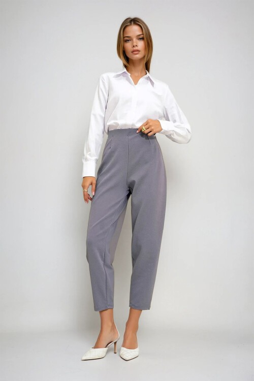 Gri Yüksek Bel Pensli Dökümlü Krep Örme Pantolon