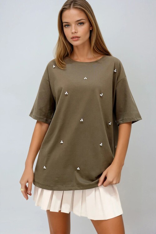 Haki Bisiklet Yaka Oversize İnci Ve Taş İşlemeli T Shirt