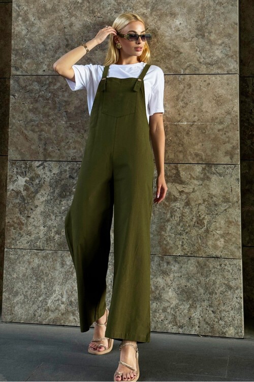 Haki Önü Cepli Askılı Gabardin Bahçıvan Tulum