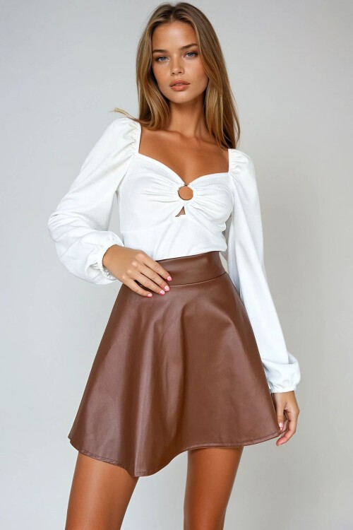 Kahve Beli Lastikli Suni Deri Kloş Mini Etek