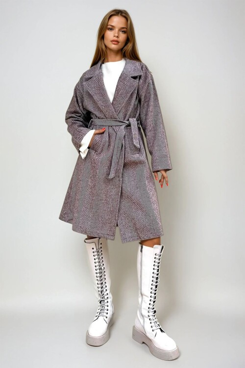 Kahve Çift Cepli İçi Astarsız Kendinden Kemerli Kaşe Kaban