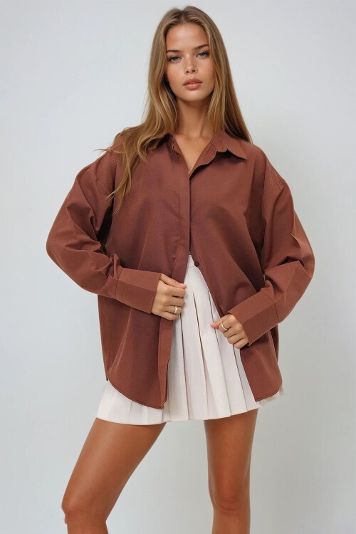 Kahve Oversize Uzun Dokuma Gömlek