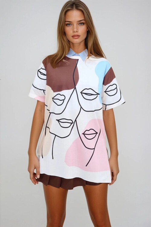 Kahverengi Bisiklet Yaka Dijital Baskılı Yanı Yırtmaçlı T Shirt