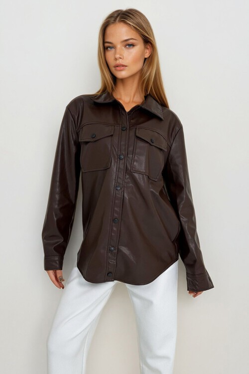 Kahverengi Çift Cepli Çıtçıt Kapamalı Oversize Suni Deri Ceket