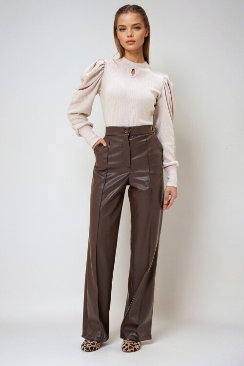 Kahverengi Önü Dikişli Çift Cepli Suni Deri Palazzo Pantolon