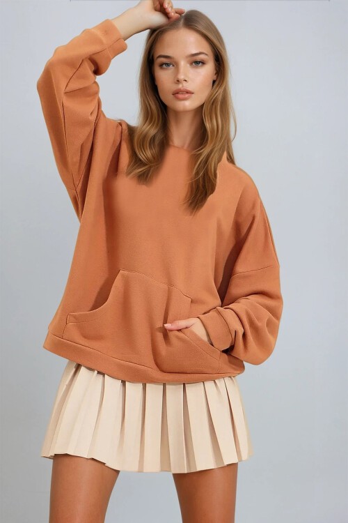 Karamel Kapüşonlu Kanguru Cepli 3 İplik Kalın Sweatshirt