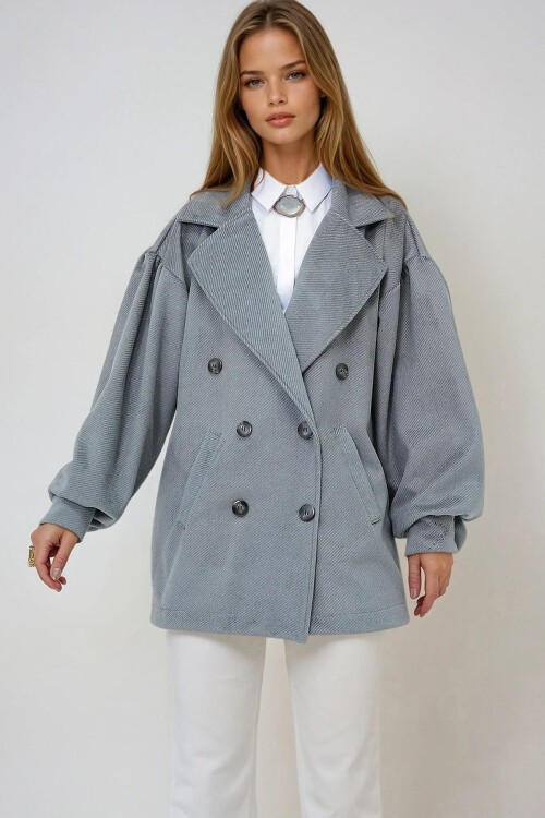 Kırçıllı Gri Kruvaze Yaka Balon Kol Kaşe Kaban