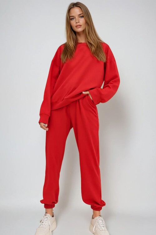 Kırmızı Bisiklet Yaka Beli Ve Paçası Lastikli İki İplik Basic Eşofman Takımı