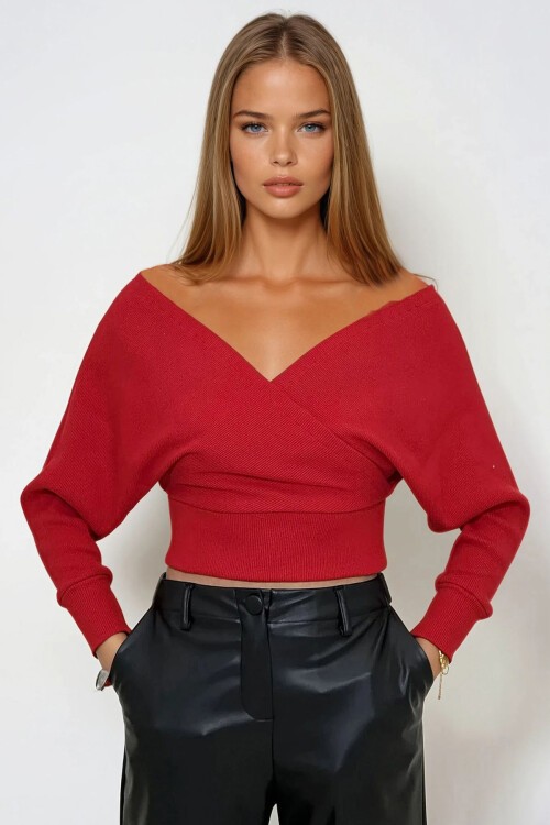 Kırmızı Ön Arka V Yaka Kruvaze Bluz