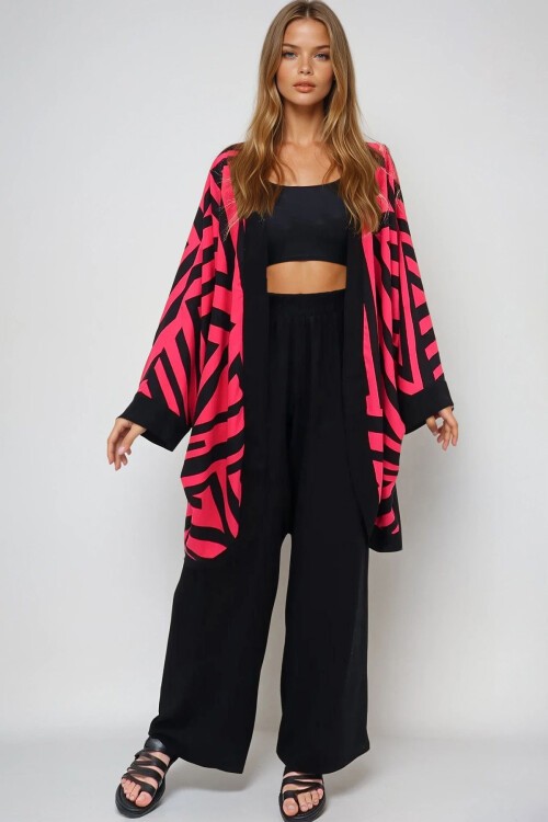 Kırmızı Siyah Yarasa Kol Dokuma Uzun Kimono Ve Çift Cepli Palazzo Pantolon Takım