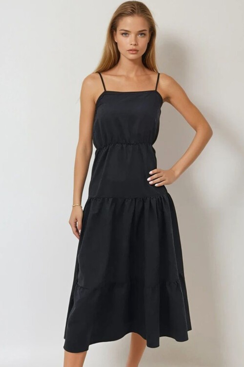 Koyu Antrasit Kat Kat Volanlı Askılı Boncuk Aksesuarlı Midiboy Elbise