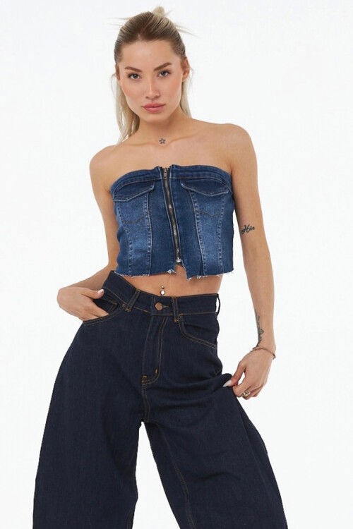 Koyu Mavi Fermuarlı Straplez Gipeli Denim Büstiyer