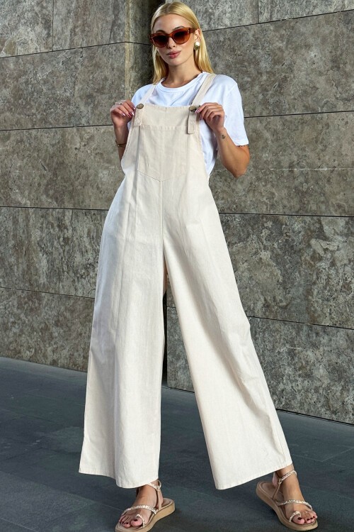 Krem Önü Cepli Askılı Gabardin Bahçıvan Tulum