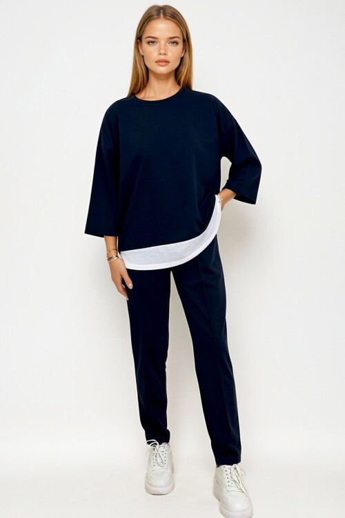 Lacivert Bisiklet Yaka Renk Garnili Bluz Ve Çift Cepli Nervür Dikişli Pantolon İkili Takım