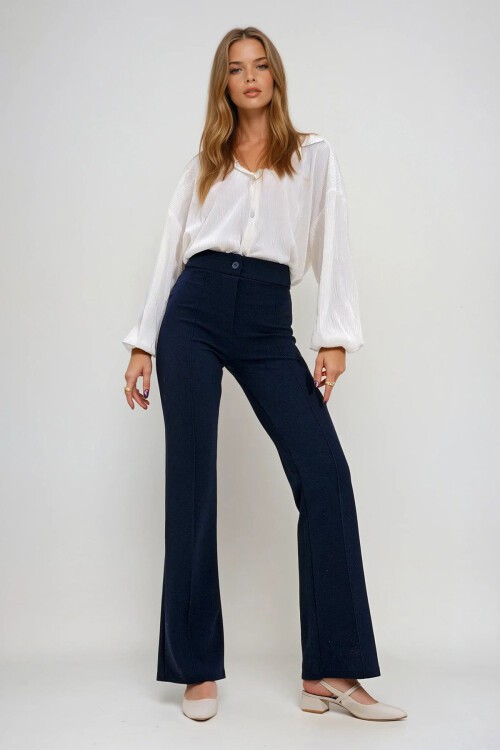 Lacivert Yüksek Bel Önü Çimalı Bol Paça Likralı Pantolon