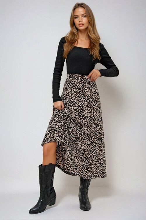 Leopar Beli Lastikli Süet Dokulu Leopar Desenli Uzun Etek